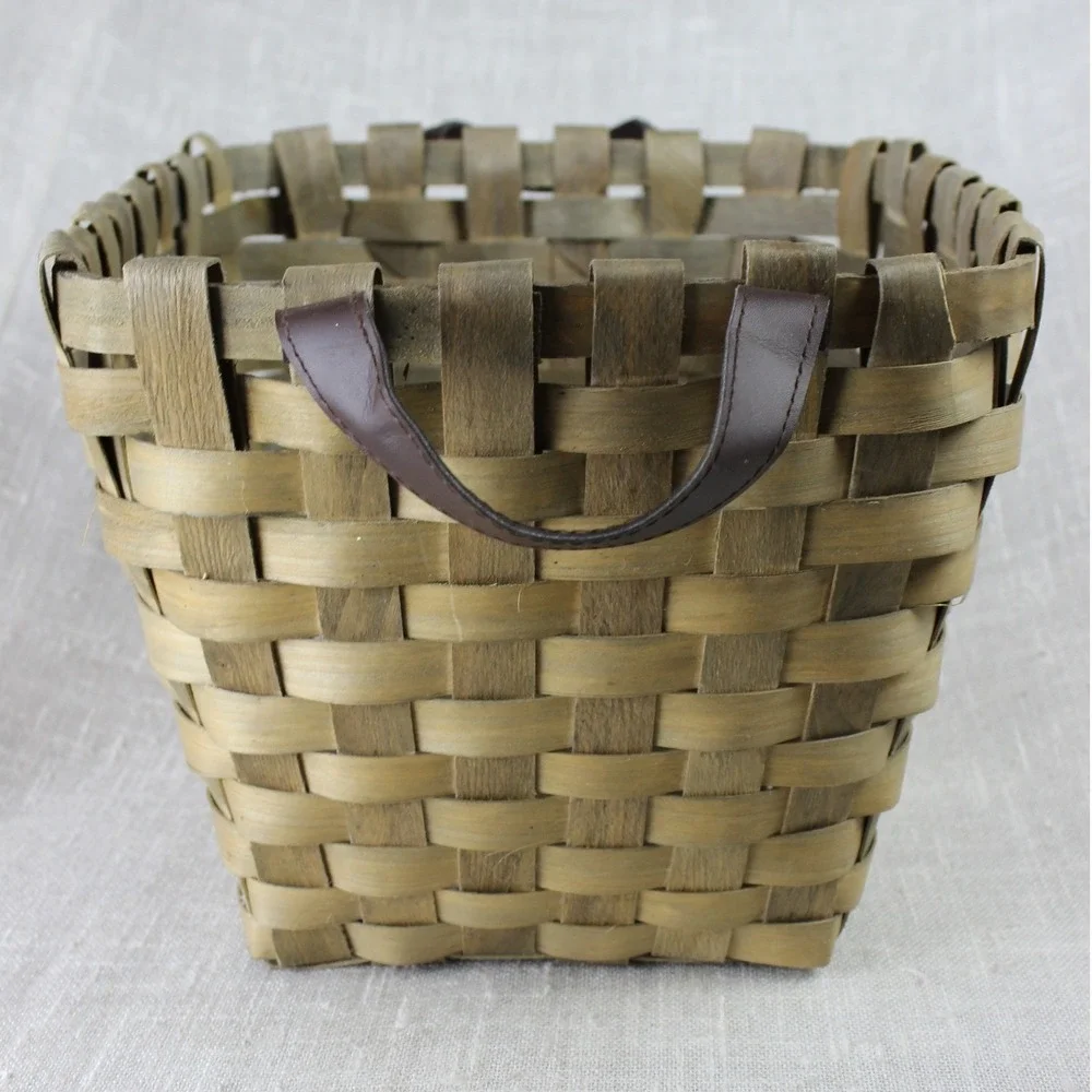 Rustic Woven Wood Splint Basket with Leather Handles Farmhouse Decor